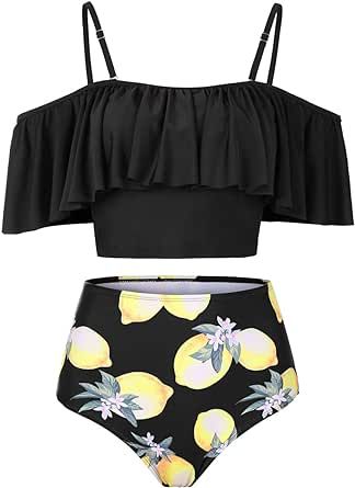 Kaei&Shi High Waisted Flounce Bikini Set,Tummy Control Swimsuits for Women,Off Shoulder Off Shoulder Bathing Suit, Strapless Swimwear, Strappy Swimwear, Retro Bathing Suits, High Waisted Tankini, Swimsuits Outfits, Tankini Swimsuits For Women, Swimsuits For Women, Cute Bathing Suits