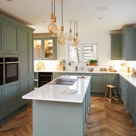 Green Kitchen Inspiration, Greg Rutherford, Blue Green Kitchen, Herringbone Kitchen, Howdens Kitchens, Sage Kitchen, Open Plan Kitchen Dining Living, Sage Green Kitchen, Open Plan Kitchen Dining