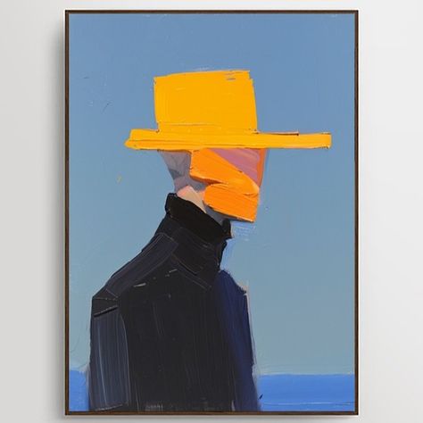 "The Silent Watcher" is a bold abstract portrait. A faceless figure in a dark coat and vibrant orange hat stares out from a blue canvas. Thick brushstrokes and impasto texture create a dynamic contrast. The enigmatic subject invites contemplation, making this piece a captivating addition to contemporary spaces. #walldecor #walldesign #wallart #wallartdecor #wallartdesign #wallartideas #wallartdecoration #texturedpainting #texturedart #texturedesign #painting #paintingart #paintingideas #wabis... Abstract Art Orange And Blue, Diy Canvas Art Painting Abstract, Contemporary Portrait Painting, Personalized Art Gifts, Bold Abstract Art, Canvas Art Painting Abstract, Abstract Portrait Painting, Orange Hat, Cnc Art