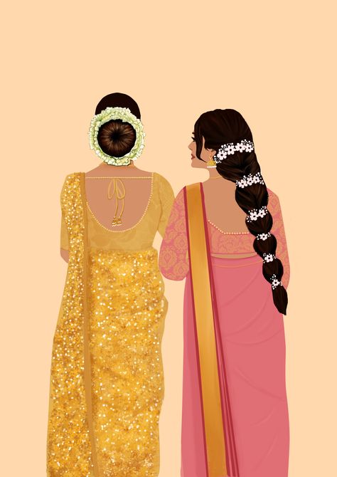 indian bride and her bridesmaid walking wearing golden sequin saree and pink saree with flowers in hair Bride Illustration Art, Indian Bride Drawing, Indian Bride Illustration, Bridesmaid Invite, Bride Illustration, Fashion Design Inspiration Board, Bride With Bridesmaids, Group Illustration, Couple Illustration Wedding