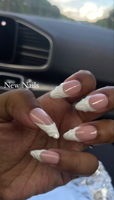 3d Nail Art Simple, Almond 3d Nails, 3d Almond Nails, Textured French Tip Nails, White 3d Nails, Almond White Nails Design, White Pattern Nails, Pearl Nails French Tip, 3d French Tip Nails