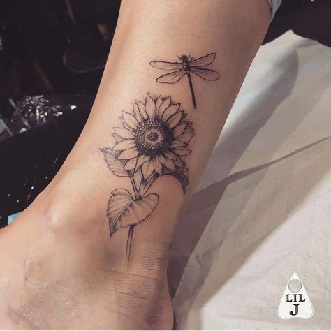 Sunflower Foot Tattoos, Inner Ankle Tattoos, Small Sunflower Tattoo, Sunflower Tattoo Ideas, Lily Flower Tattoos, Vibrant Aesthetic, Dragonfly Tattoo Design, Lady Bug Tattoo, Cursive Tattoos