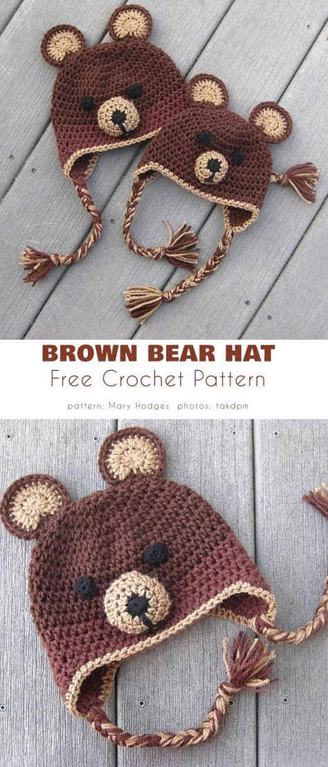 Crochet Bear Hat Pattern Free Kids, Crochet Teddy Bear Hats, Crochet Hat Dog Free Pattern, Crochet Newborn Bear Hat Free Pattern, Crochet Animal Hat Pattern Free Kids, Crochet Hats Bear, Crochet Brown Bear Pattern Free, Free Crochet Animal Hat Patterns, Brown Bear Crochet Pattern