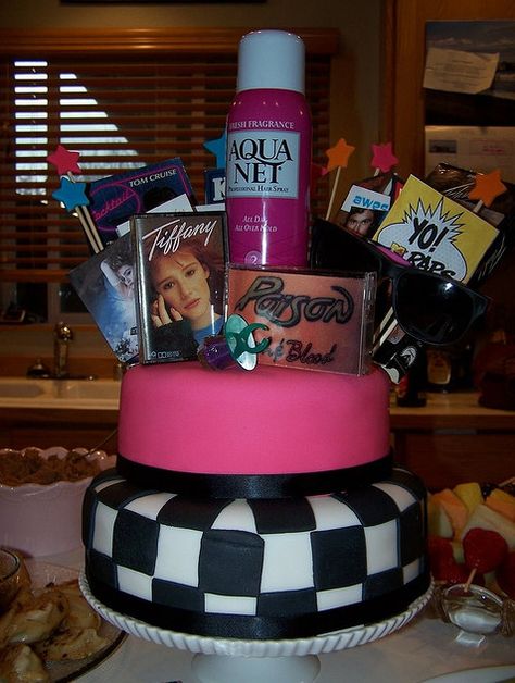 80's cake!  Great for the eighties era lover  (: Pie, 80s Cake, 80s Birthday, Decade Party, 80's Theme, Aqua Net, 80s Theme Party, Creative Desserts, Skate Party