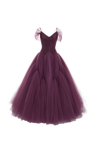 Gown Moda Operandi, Marchesa Fashion, Purple Evening Gowns, Gown Purple, Purple Long Dress, Purple Evening Dress, Off Shoulder Long Dress, Off Shoulder Evening Dress, Silk Tulle