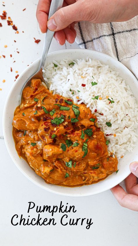 Craving Indian food? Savory, Thai pumpkin chicken curry is one of my favorite fall time meals. This healthy, hearty dish is full of warm spices and creamy coconut milk - the ultimate comfort food! It's ready in 30-40 minutes and uses only one pan, which makes it perfect for a busy weeknight. Plus, leftovers reheat really well and are perfect for lunch the next day! Best of all, this recipe is gluten free & dairy free. Healthy Pumpkin Curry, Easy Hearty Healthy Dinners, Pumpkin Coconut Chicken Curry, Pumpkin Chicken Curry Recipe, Easy Pumpkin Curry, Fall One Pan Recipes, Healthy Fall Crockpot Meals, Fall Soup Gluten Free, Pumpkin Butter Chicken