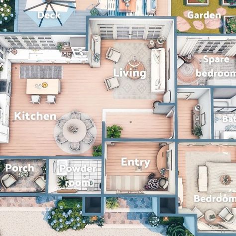 bloxburg small house layouts Small Coastal House Layout, Seaside Cottage Floor Plans, Sims 4 Brindleton Bay House Plan, Sims 4 Seaside House, Beach Cottage Layout, Sims 4 Coastal Cottage, Sims 4 Coastal House Interior, Sims 4 Costal House, Bloxburg House Layouts Aesthetic