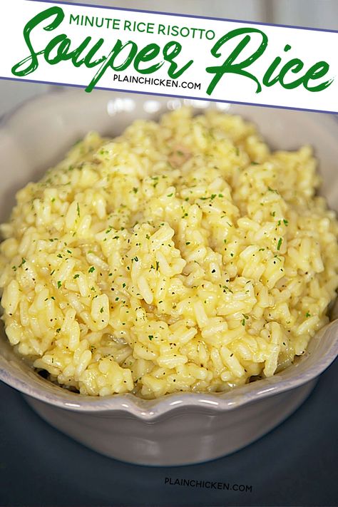 Souper Rice - quick creamy cheater risotto recipe made with minute rice, cream of chicken soup, chicken broth and parmesan cheese - ready in 10 minutes. Souper Rice, Rice Cream Of Chicken Soup, Super Rice, Soup Chicken Broth, Rice Recipes Side, Rice Cream, Rice Side Dish Recipes, Minute Rice, Risotto Recipe