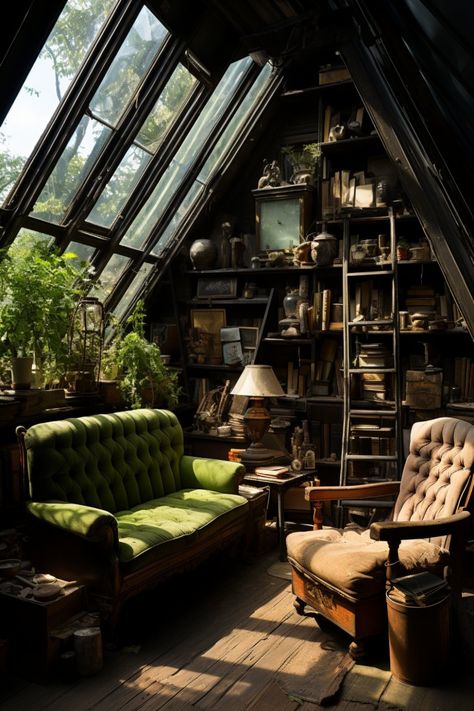 Reading Room With Windows, Home Library Nature, Cozy Green Library, Green Attic Room, Attic Bookshelf, Attic Library Ideas, Dream Library Cozy, Cozy Attic Room, Attic Bookshelves