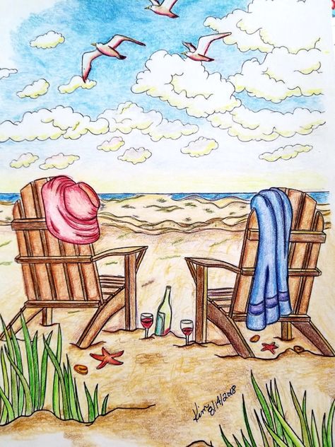 Creative Haven Summer Scenes by Teresa Goodridge  C D'A Pablo, FC Polychromos and Prismacolor Premiere colored pencils.  8/14/2018 Summer Scenes To Paint, Colored Pencil Simple Art, Beach Scenes Drawing, Beach Drawing With Color, Summer Drawing Ideas The Beach, Cute Beach Drawings, Summer Day Drawing, Summer Scenes Beach, Summer Sketches Ideas