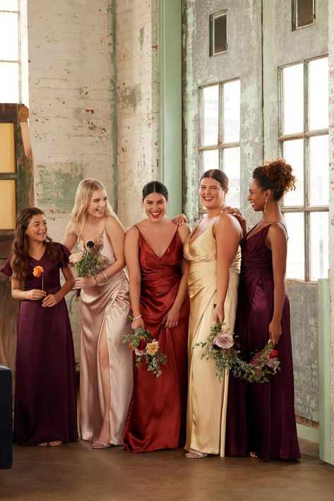 Mismatched galina signature bridesmaid dresses for bridesmaids and junior bridesmaids in red, pink and gold tones. Cherry Bridesmaid Dresses, Vintage Mismatched Bridesmaid Dresses, Autumn Bridesmaid Dresses Mismatched, Gem Tones Bridesmaid Dresses, Bridesmaids Colour Palette, Color Coordinated Bridesmaid Dresses, Gem Colored Bridesmaid Dresses, Regal Bridesmaid Dresses, Rustic Fall Wedding Ideas Autumn October Bridesmaid Dresses