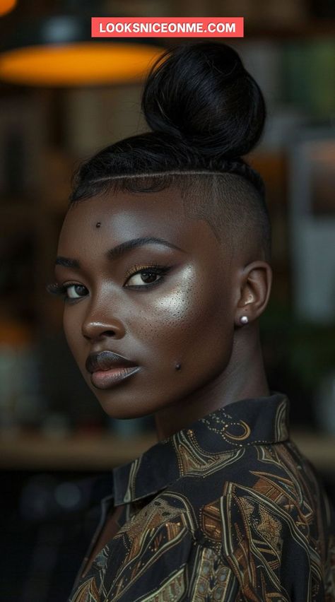 Get inspired by 27 shaved sides with ponytail hairstyles for black women. Elevate your style with these chic and daring ideas! Mohawk Natural Hairstyles, Ponytail With Shaved Sides And Back, Shaved Side Hairstyles African American, Side Shaved Hairstyles, Side Shave Design, Natural Mohawk, Pixie Cut Shaved Sides, Mohawk Ponytail, Side Shave