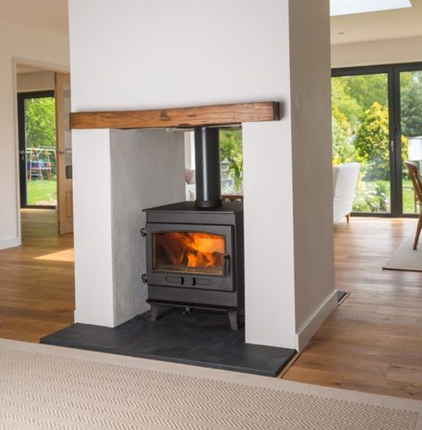 Double Sided Log Burner, Wood Burner Fireplace, Wood Burning Stoves Living Room, Log Burner Living Room, Small Wood Stove, Double Sided Stove, Double Sided Fireplace, Open Plan Kitchen Dining, Open Plan Kitchen Living Room