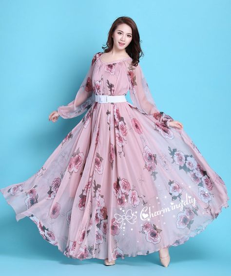 110 Colors Chiffon Pink Floral Flowber Autumn Long Sleeve | Etsy Maternity Photo Dresses, Vestidos Para Baby Shower, Trendy Party Dresses, Pink Chiffon Dress, Dress Sleeves, 파티 드레스, Maxi Rok, Long Gown Dress, Long Dress Design