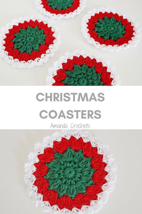 Christmas Coasters Crochet Christmas Coaster Free Patterns, Free Crochet Patterns For Christmas Coasters, Crochet Xmas Coasters Free Pattern, Free Crochet Christmas Coaster Patterns, Christmas Coasters Crochet Pattern, Holiday Coasters Crochet, Crocheted Christmas Coasters Pattern Free, Crochet Poinsettia Coaster, Crocheted Christmas Coasters