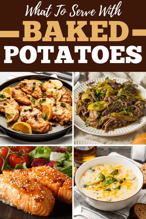 Wondering what to serve with baked potatoes? From meats to soup to other sides, you can't go wrong with these simple 17 dishes. What To Eat With A Baked Potato, Sides With Baked Potato, Meat To Go With Baked Potato, Meals With Baked Potatoes As Sides, What To Make With Baked Potatoes, What Goes With A Baked Potato, Baked Potato Ideas Meals, Dinner Ideas With Baked Potatoes, What To Have With Baked Potatoes