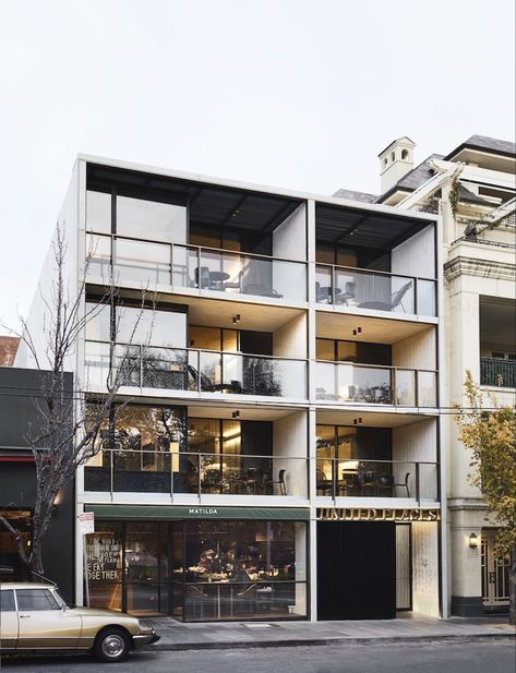 Small Apartment Building, Melbourne Hotel, Hotel Building, Apartment Architecture, Hotel Architecture, Small Hotel, Small Buildings, Botanic Gardens, Facade Design