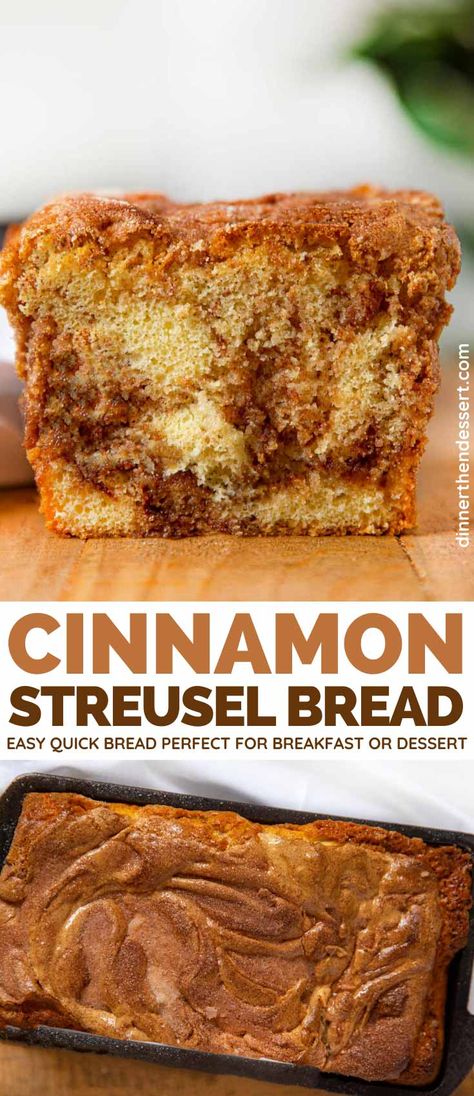 Cinnamon Streusel Bread is an easy quick bread with buttermilk with a cinnamon swirl topped with a crispy sugar crust. Perfect for breakfast or dessert! #cinnamon #streusel #coffeecake #breakfastbread #dessert #cinnamonbread #brownsugar #dinnerthendessert Cinnamon Streusel Bread, Bread With Buttermilk, Dessert Cinnamon, Cinnamon Crumb Cake, Easy Quick Bread, Dinner Then Dessert, Cinnamon Swirl Bread, Cinnamon Streusel, Swirled Bread