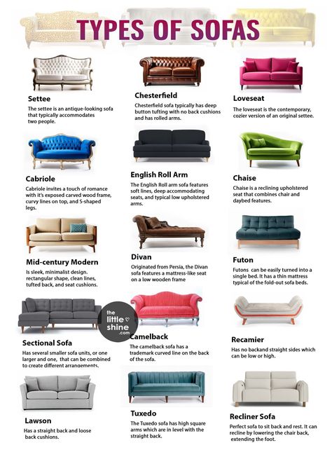 20 Different Types of Sofas Explained - The Little Shine Different Types Of Furniture, Different Couch Styles, Sofa Types Style, Types Of Sofas Furniture, Sofa Styles Guide, Mismatched Sofas, Cabriole Sofa, Sofa Aesthetic, How To Make Sofa