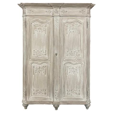 Check out this item from 1stdibs! 18th Century Country French Louis XVI Period Whitewashed Armoire: https://www.1stdibs.com/id-f_34899802 Whitewashed Armoire, Antique Cottage, Cottage French, Linen Press, Base Moulding, Flat Panel Tv, The Door Is Open, Brass Hinges, Country French