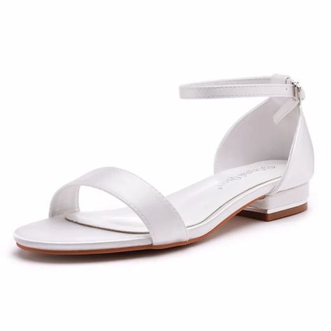 Modest / Simple Satin White Flat Wedding Shoes 2023 Ankle Strap Open / Peep Toe Wedding Sandals Wedding Shoes Flats Sandals, White Wedding Shoes Flats, Bride Flats, 2023 Bride, Small Heel Shoes, Simple Satin, Wedding Shoes Comfortable, Modern Sandals, Wedding Shoes Flats