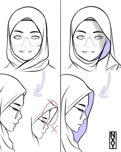 Hijab Styles Drawing, How To Draw Hajib, Hijab Fashion Drawing, How To Draw Hijab Step By Step, Drawing Hijab Tutorial, Hijabi Drawing Reference, Hijab Back Pose, Hijab Art Reference, Hijab Character Design