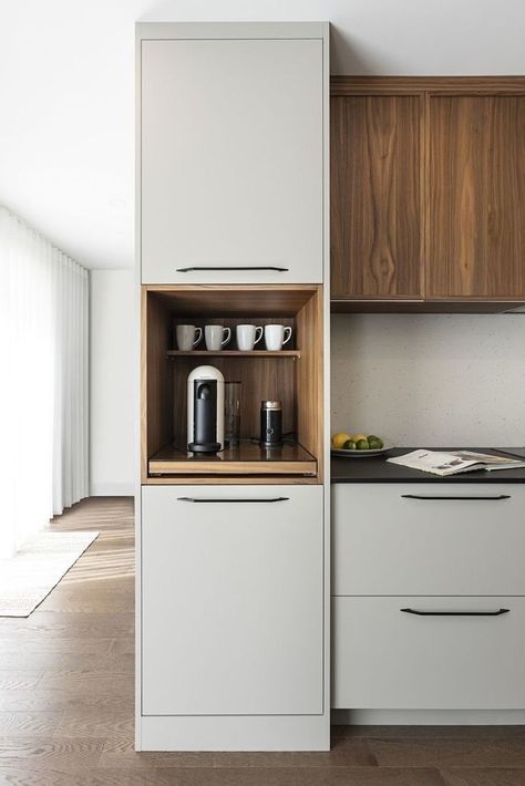 White Lower Cabinets, Model Dapur, Small Fridge, Lower Cabinets, Interior Dapur, Desain Pantry, Kabinet Dapur, Walnut Kitchen, Kitchen Design Modern White