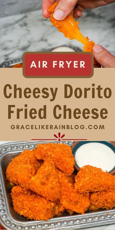 Air Fryer Cheesy Dorito Bombs are tasty triangles of cheddar cheese that are coated in crushed Doritos then air fried. This unique appetizer is perfect to make ahead of time and can be Air Fried in just a few minutes when you're ready to eat. Your family will devour these! | Air Fryer Fried Cheese | Air Fryer Appetizers | Cheese coated in crushed doritos | cheese triangles coated in crushed chips | cheddar cheese fried and coated with crushed doritos corn chips Air Fryer Dorito Nachos, Fried Cheese Stuffed Doritos, Doritos Recipes, New Air Fryer Recipes, Air Fryer Recipes Snacks, Unique Appetizers, Fried Cheese, Cheese Appetizer, Air Fryer Cooking Times