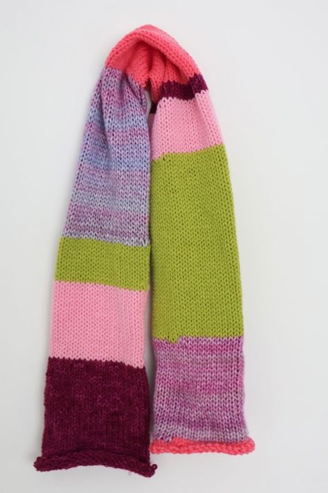 Multicolor Scrap Knit Scarf Colorblock Scarf Knit, Color Block Knitted Scarf, Knit Tube Scarf, Knitted Scarf Inspiration, Color Block Crochet Scarf, Cute Knit Scarf, Knitted Scarf Ideas, Scrap Knitting Projects, Knit Scarf Aesthetic