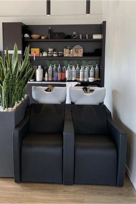 Industrial Hair Salon Ideas, Shampoo Area In Salon Interior Design, Simple Salon Decor, Gray Hair Salon Decor Interior Design, Salon Wall Shelves, Shampoo Station Ideas Beauty Salons, Salon Hair Station Ideas, Salon Decorating Ideas Modern, Mens Salon Interior Design