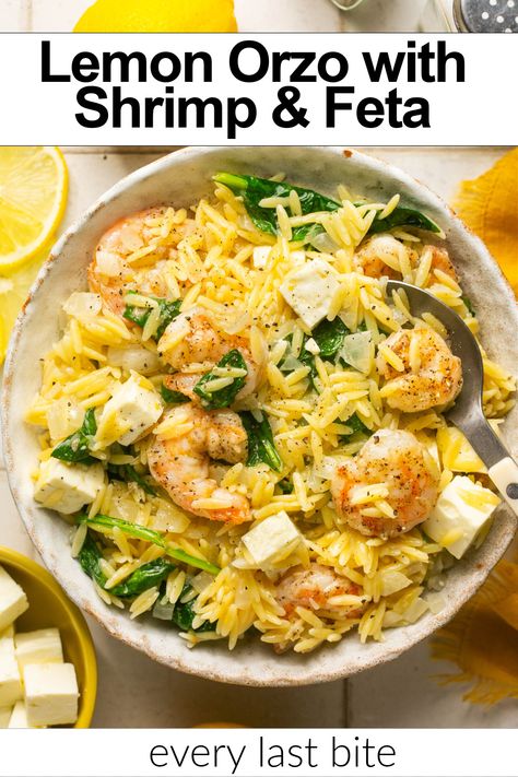 Lemon Orzo with Shrimp, Feta & Spinach Scallops And Orzo, Shrimp And Orzo, Shrimp And Orzo Recipes, Spinach And Shrimp Recipes, Lemon Shrimp Orzo, Shrimp Orzo Recipes, One Pan Lemon Orzo Pasta With Shrimp, One Pan Lemon Pepper Shrimp Orzo, One Pot Lemon Orzo Shrimp