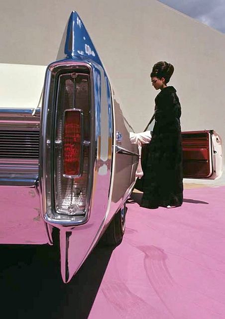 Model wearing mink coat by Emeric Partos entering a 1965 Cadillac Coupe de Ville, photo by Gene Laurents, 1964 Syd Mead, William Eggleston, Pink Cadillac, Last Ride, Volkswagen Bus, Old Car, Rat Rods, Jolie Photo, Retro Futurism