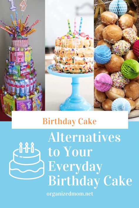 Birthday Cake Substitute Ideas, Snack Cake Tower Birthday, Cake Alternatives Birthday, Alternative Birthday Cake Ideas, 13th Birthday Party Ideas For Teens, Types Of Donuts, Birthday Cake Alternatives, Candy Bar Cake, Cake Alternatives