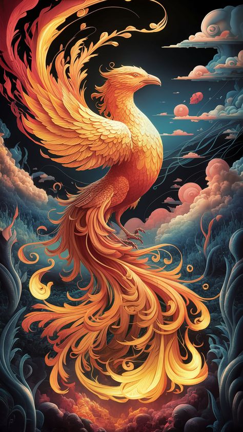 Discover the stunning beauty of a mythical phoenix rising from the ashes in this enchanting Art Nouveau-inspired wallpaper. Featuring vibrant flames in rich reds, oranges, and golds against a dreamy night sky, this artwork symbolizes resilience and renewal. Perfect for adding a touch of whimsy and elegance to your space, this wallpaper celebrates the majestic power of mythical creatures. #Phoenix #ArtNouveau #Wallpaper #MythicalArt Phoinex Art, Aesth Wallpaper, Phoenix Mandala, Phoenix Aesthetic, Dreamy Night Sky, Phoenix Rising From The Ashes, Greek Monsters, Phoenix Tattoo Feminine, Phoenix Wallpaper