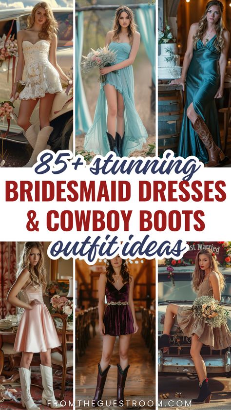 women wear bridesmaid dress and cowboy boots outfits, western outfits Wedding Dress Boots Boho, Country Engagement Party Outfit, Western Wedding Ideas Dresses, White Cowboy Boots Wedding Dress, Homecoming Dress With Cowboy Boots, Cowgirl Bridesmaid Dresses, Wedding Dress With Boots Country, Prom Dress With Cowgirl Boots, Wedding Guest Outfit Cowboy Boots