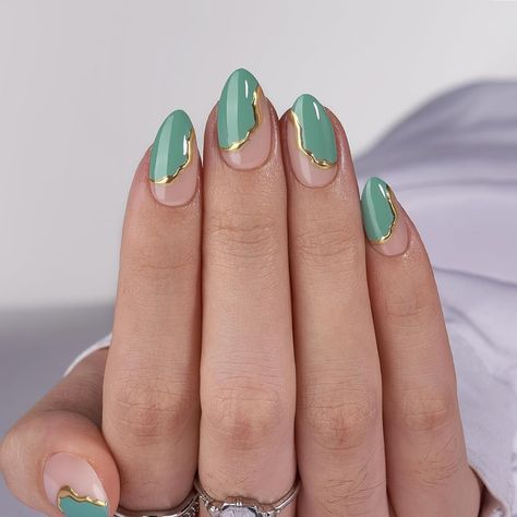 https://amzn.to/47ObkFU cute nails, green nails, gold nails, beautiful nails, almond shape nails, elegant nails, press on nails, nail design, round nails, pink nails, cool green nails, green gel nails, gel nail design, green nail design, short nails, short green nails, green and pink nails, green and gold nails, green nails with gold details, unique green nails Turquoise Almond Nails, Natural Fake Nails, Press On Nails Almond, Nail Art Noel, French Tip Press On Nails, Nail Color Trends, Press On Nails Short, Bold Statements, Spring Nail Colors