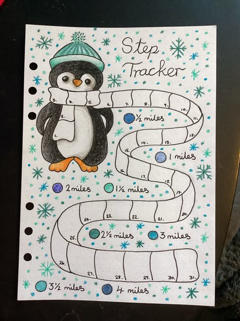 Penguin themed bullet journal step tracker Habit Mood Tracker, Winter Mood Tracker Bullet Journal, Bulett Journal Page Ideas January, January Bujo Spread, December Bullet Journal Mood Tracker, Penguin Bullet Journal, Snow Bullet Journal, Journal Step Tracker, Step Tracker Bullet Journal