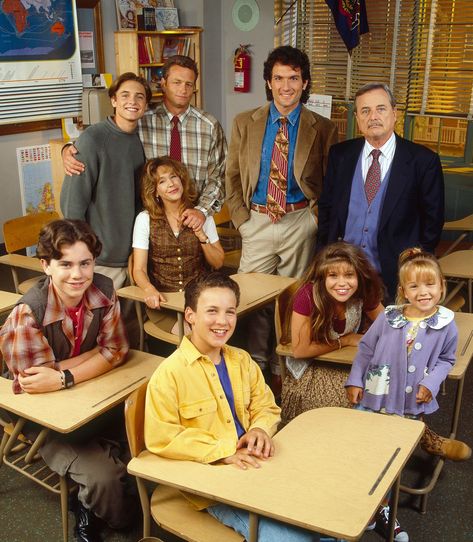 Attention 90's Babies! Boy Meets World cast reunites with Mr. Feeny at Boston convention. Click to see more pictures of your favorite shows cast all grown up! #Cory #Topanga #BoyMeetsWorld #GrownUp #BestTV #90s #90sShows | Entertainment Weekly - Boy Meets World cast reunites with Mr. Feeny at Boston convention: 'We're baaaaaack!' Boy Meets World Cast, Mr Feeny, Will Friedle, William Daniels, Cory And Topanga, Rider Strong, Abc Photo, Boy Meets World, Photo Poster