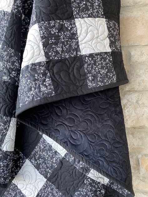 Handmade Black and White Gingham throw size quilt.  Cotton front, solid black minky back Men Quilts, Black White Quilt, Black And Grey Quilts, Black Quilts, Black And White Quilt, 3 Color Quilts, Black And White Quilts Patterns Ideas, Black And White Bedding, Quilt Designs