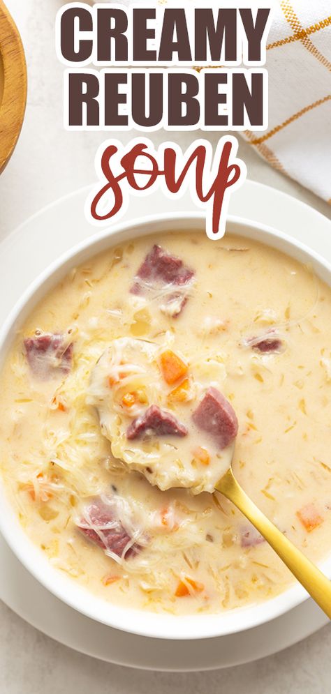 This delicious Creamy Reuben Soup is everything you love about a classic Reuben sandwich but in a hearty, creamy and comforting soup! Essen, Creamy Reuben Soup, Reuben Soup, Corned Beef Soup, Classic Reuben Sandwich, Comforting Soup, Chowder Soup, Homemade Soup Recipe, Reuben Sandwich