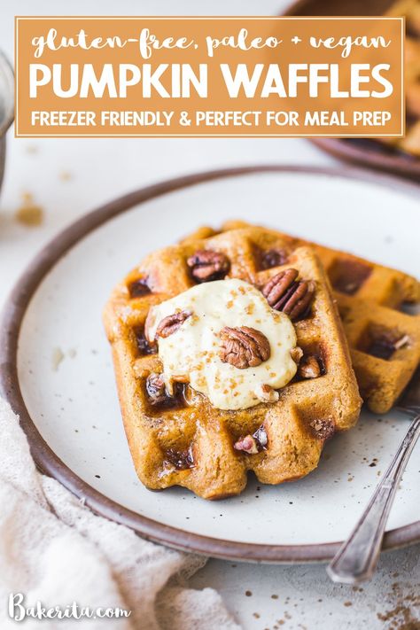 These Gluten-Free Vegan Pumpkin Waffles are easy to make with a crispy exterior and a light, fluffy inside. They're freezer-friendly too, making them perfect for meal prep! Aip Waffle Recipe, Paleo Pumpkin Waffles, Paleo Pumpkin Recipes, Pumpkin Waffles Recipe, Waffle Recipe Healthy, Pumpkin Spice Waffles, Healthy Waffles, Gluten Free Waffles, Recipe Gluten Free