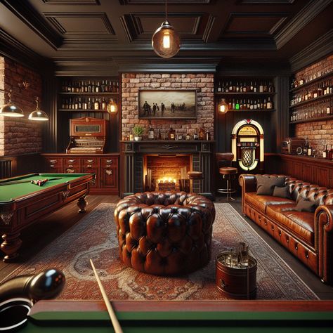 Step into a luxurious man cave with exposed brick walls, mahogany wood, and a vintage fireplace. Enjoy a game of pool, sip fine spirits at the bar, or relax on a plush, leather chesterfield sofa. With the soft light from antique lamps and classic tunes from a jukebox, this room exudes comfort and masculinity. 

#ManCave #HomeDecor #InteriorDesign #LuxuryHomes #VintageStyle #MasculineDecor. Gentlemen Man Cave, Bar Games Room, Vintage Game Room Ideas, At Home Speakeasy, Garage Speakeasy, Small Billiard Room, Luxury Mancave, Billard Room Ideas, Rustic Bar Design