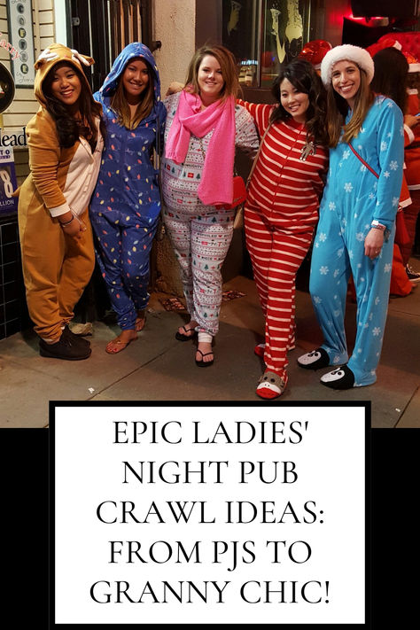 The ultimate guide for an epic ladies' night pub crawl! From cozy PJ parties to adventurous cosplay nights, our blog offers creative themes like Christmas in July, Drunk Trivia Pub Crawl and even a Sober Crawl! Get tips for making your night unforgettable with Game Nights Galore. Perfect for those looking to spice up their nights out with the girls! Pub Crawl Challenges, Bar Crawl Themes Costumes, Pub Crawl Themes, Ladies Night Out, Night Out Themes, Bar Crawl Themes, Bachelorette Night Out Outfit Themes, Pj Party Outfit, Bar Crawl Outfit