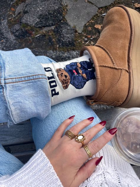 ralph lauren polo socks bear ultra mini platform uggs denim jeans fall outfit coffee gold jewelry rings vintage thrifted inspo vibes aesthetic Ralph Lauren Outfits Women, Polo Ralph Lauren Women Outfits, Teddy Bear Socks, Polo Teddy Bear, Polo Socks, Polo Ralph Lauren Outfits, Lauren Aesthetic, Polo Bear Ralph Lauren, Ralph Lauren Aesthetic