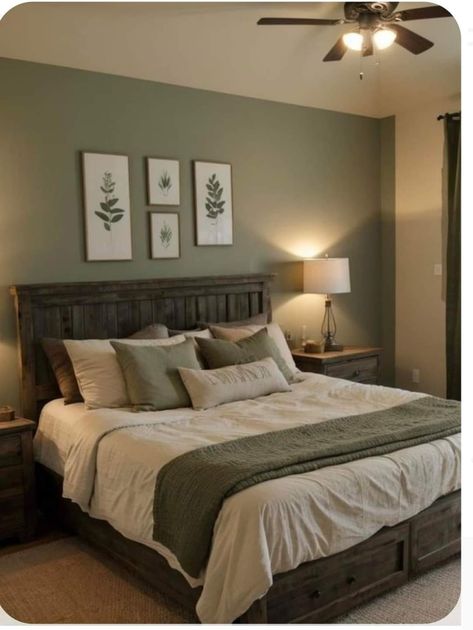 Grey Beige And Green Bedroom, Sage Green Wall Color Bedroom, Sage Guest Bedroom Ideas, Green Bedroom Design Ideas, Green And Gray Bedroom Decor, Sage And Dark Brown Bedroom, Sage Green Gray And Beige Bedroom, Sage Green Bedroom Black Furniture, Sage Green Bedroom With Dark Wood Furniture