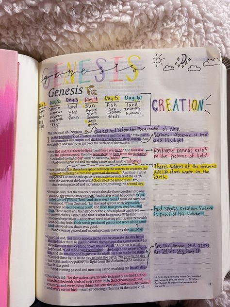 The first chapter of Genesis Bible journaling was full of important information!🤍 Genesis Cover Page, Genesis Title Page, Genesis 1:3 Bible Journaling, Bible Study Genesis Chapter 1, Bible Journaling Genesis Ideas, Bible Study Genesis Chapter 1 Notes, Genesis Chapter 1 Notes, Genesis Bible Journaling Notes Chapter 1, Bible Study Notes Genesis