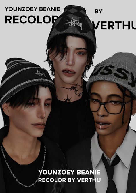 if u havent noticed stussy is like. one of my all time favorite brand. so yeah, stussy beanies!  a recolor of younzoey beanie. everything’s included. and uhhh don’t do bad things ok bye have fun    also... Sims 4 Beanies Cc, Male Accessories Sims 4 Cc, The Sims 4 Cc Male Accessories, Sims 4 Cc Hats Accessories, Sims 4 Hats Cc, Sims 4 Cc Hoodie, Sims Dress, Male Sims, Sims 4 Men Clothing