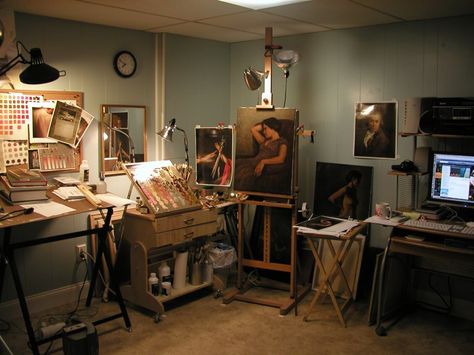 Dark Art Studio Room, Modeling Studio Room, Antique Art Studio, Drawing Studio Workspaces, Artist Studio Workspaces, Painters Room, Art Studio Drawing, Basement Art Studio, Art Studio Lighting