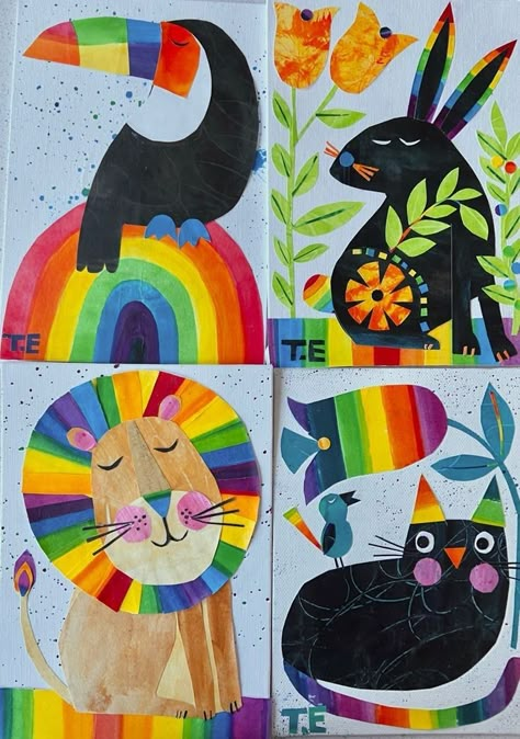 Primary School Crafts Art Projects, Collage Elementary Art, Preschool Animal Art, Collage Art For Kids Project Ideas, Animal Art For Preschoolers, Kolaj Art Ideas For Kids, Rainbow Animals Art, K 5 Art Lessons, Kids Collage Ideas