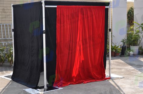 We use standard pipe and drape, the same items you would see in any trade show booth and make some modifications to make it more user friendly. Although we offer any size and height you need, the most common size ranges from 5 to 8 feet in diameter and 6 to 8 feet high...For more information on our pipe drapes and photo booth enclose please visit our website:www.tourgotruss.com Portable Photo Booth, Portable Stage, Event Solutions, Pipe And Drape, Stage Backdrop, Event Tent, Photo Booths, Hook Design, Party Tent